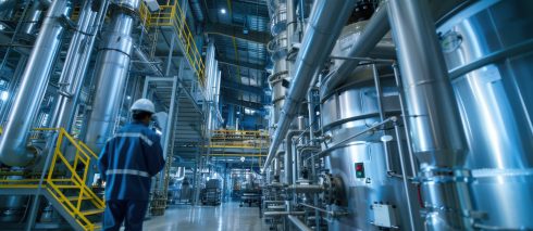 A modern industrial chemical processing plant with engineers overseeing the synthesis of specialty chemicals used in electronics manufacturing, Chemical processing plant scene A modern industrial chemical processing plant with engineers overseeing the synthesis of specialty chemicals used in electronics manufacturing, chemical processing plant scene